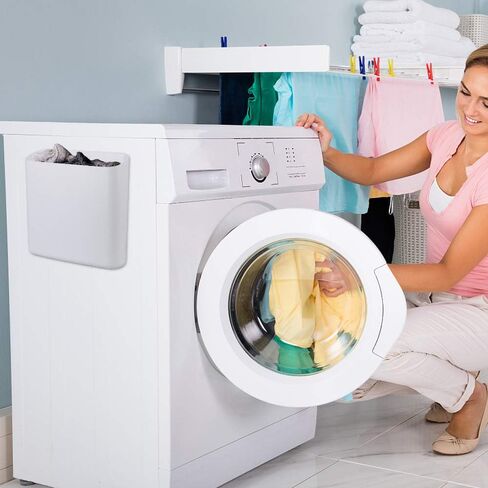 صندوق حامل الوبر من أميتالك، صندوق غسيل مغناطيسي كبير للمجفف، حاوية قمامة موفرة للمساحة معلقة على المجفف، الغسالة أو سلة المهملات المثبتة على الحائط (أبيض) in Kuwait