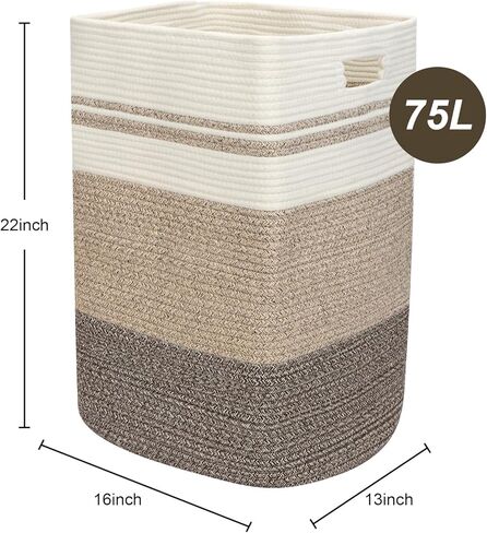 سلة غسيل فيكسوال، سلة كبيرة من الحبال القطنية الطويلة المنسوجة للتخزين المزخرف مع مقابض لغرفة المعيشة، والألعاب، والمناشف، وملابس حضانة الأطفال، مقاس 16 × 13 × 22 بوصة، بني متدرج in Kuwait