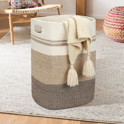 سلة غسيل فيكسوال، سلة كبيرة من الحبال القطنية الطويلة المنسوجة للتخزين المزخرف مع مقابض لغرفة المعيشة، والألعاب، والمناشف، وملابس حضانة الأطفال، مقاس 16 × 13 × 22 بوصة، بني متدرج in Kuwait