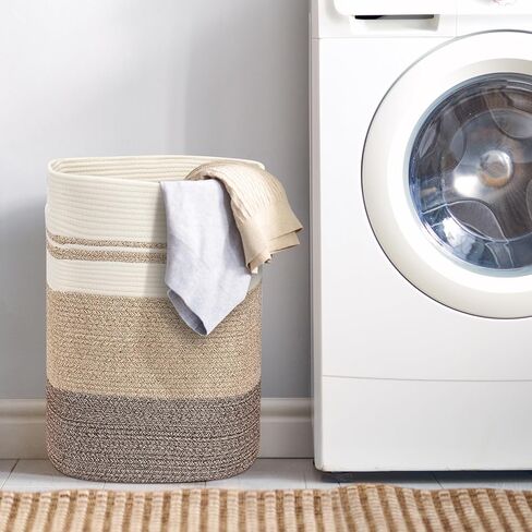 سلة غسيل فيكسوال، سلة كبيرة من الحبال القطنية الطويلة المنسوجة للتخزين المزخرف مع مقابض لغرفة المعيشة، والألعاب، والمناشف، وملابس حضانة الأطفال، مقاس 16 × 13 × 22 بوصة، بني متدرج in Kuwait
