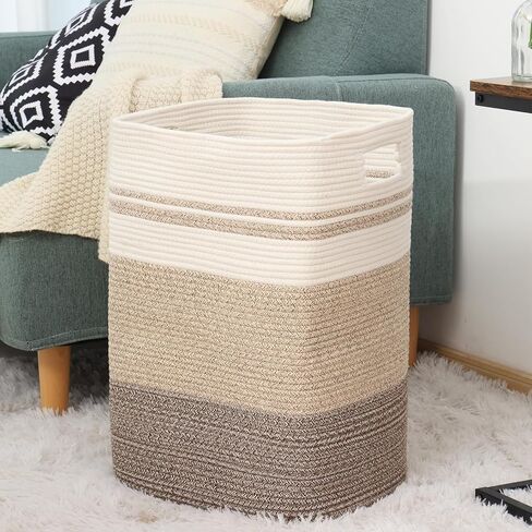 سلة غسيل فيكسوال، سلة كبيرة من الحبال القطنية الطويلة المنسوجة للتخزين المزخرف مع مقابض لغرفة المعيشة، والألعاب، والمناشف، وملابس حضانة الأطفال، مقاس 16 × 13 × 22 بوصة، بني متدرج in Kuwait