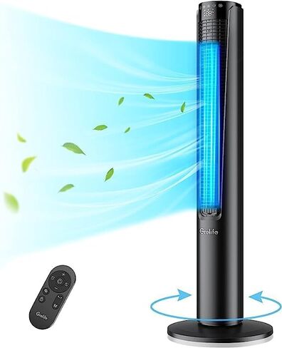 مروحة برج Grelife مقاس 42 بوصة لغرفة النوم، مروحة بدون شفرات متأرجحة بزاوية 80 درجة مع جهاز تحكم عن بعد، مروحة أرضية هادئة، 3 سرعات، 4 أوضاع، شاشة LED، مؤقت 12 ساعة، مروحة قائمة للمكتب المنزلي الداخلي in Kuwait