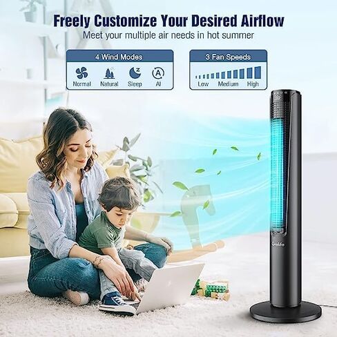 مروحة برج Grelife مقاس 42 بوصة لغرفة النوم، مروحة بدون شفرات متأرجحة بزاوية 80 درجة مع جهاز تحكم عن بعد، مروحة أرضية هادئة، 3 سرعات، 4 أوضاع، شاشة LED، مؤقت 12 ساعة، مروحة قائمة للمكتب المنزلي الداخلي in Kuwait