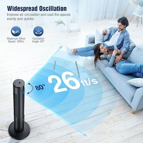 مروحة برج Grelife مقاس 42 بوصة لغرفة النوم، مروحة بدون شفرات متأرجحة بزاوية 80 درجة مع جهاز تحكم عن بعد، مروحة أرضية هادئة، 3 سرعات، 4 أوضاع، شاشة LED، مؤقت 12 ساعة، مروحة قائمة للمكتب المنزلي الداخلي in Kuwait