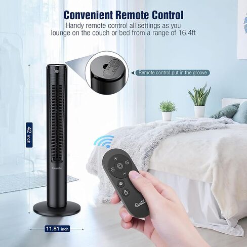 مروحة برج Grelife مقاس 42 بوصة لغرفة النوم، مروحة بدون شفرات متأرجحة بزاوية 80 درجة مع جهاز تحكم عن بعد، مروحة أرضية هادئة، 3 سرعات، 4 أوضاع، شاشة LED، مؤقت 12 ساعة، مروحة قائمة للمكتب المنزلي الداخلي in Kuwait