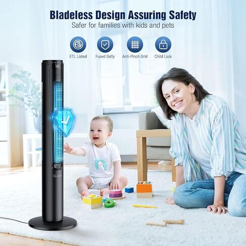 مروحة برج Grelife مقاس 42 بوصة لغرفة النوم، مروحة بدون شفرات متأرجحة بزاوية 80 درجة مع جهاز تحكم عن بعد، مروحة أرضية هادئة، 3 سرعات، 4 أوضاع، شاشة LED، مؤقت 12 ساعة، مروحة قائمة للمكتب المنزلي الداخلي in Kuwait