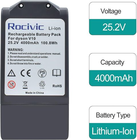 Rocivic 4.0Ah V10 استبدال بطارية دايسون، متوافق مع SV12 Motorhead V10 Fluffy V10 Animal V10 المطلق V10 Cyclone V10 Total Clean Cordless Stick Vacuum Cleaner in Kuwait