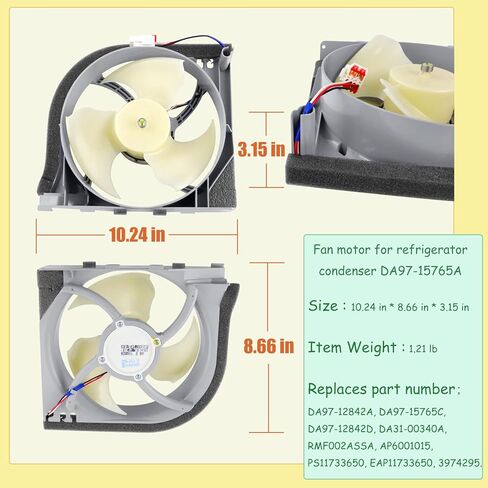 مجموعة محرك مروحة المكثف DA97-15765A DA97-15765C متوافقة مع ثلاجات سامسونج. رقم الجزء: DA97-12842A، DA31-00340A، DA97-12842D، AP5965200، PS11718224، EAP11718224، إلخ. ضمان لمدة عامين in Kuwait