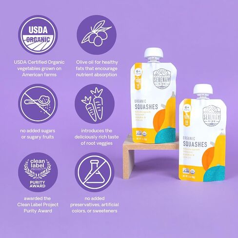Serenity Kids 6+ Months Certified Organic Baby Food Pouches Veggie Puree Variety Pack 18 count- No Sugary Fruits/Added Sugar - Allergen Free - 3.5 Ounce BPA-Free Bag - Variety Pack - Baby Food Veggies Puree in Saudi Arabia