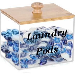 حاوية حفظ الغسيل الاكريليك مع غطاء من الخيزران، حامل كبسولات الغسيل الشفاف لغرفة الغسيل، حاويات تخزين ديكورية، مناسبة لاغطية المجفف، حبوب الغسيل، منعم الاقمشة in Kuwait