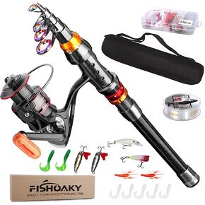 مجموعة صنارة صيد الأسماك من فيش أوكي، مجموعة صنارة صيد تلسكوبية من ألياف الكربون ومجموعة بكرة مع خطافات خطاطيف وخطاطيف وحقيبة حمل بكرة للبالغين أثناء السفر في المياه المالحة والمياه العذبة in Kuwait