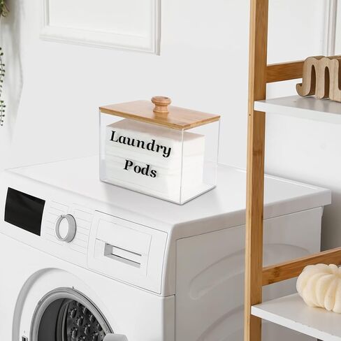 حاوية حفظ الغسيل الاكريليك مع غطاء من الخيزران، حامل كبسولات الغسيل الشفاف لغرفة الغسيل، حاويات تخزين ديكورية، مناسبة لاغطية المجفف، حبوب الغسيل، منعم الاقمشة in Kuwait