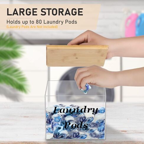 حاوية حفظ الغسيل الاكريليك مع غطاء من الخيزران، حامل كبسولات الغسيل الشفاف لغرفة الغسيل، حاويات تخزين ديكورية، مناسبة لاغطية المجفف، حبوب الغسيل، منعم الاقمشة in Kuwait