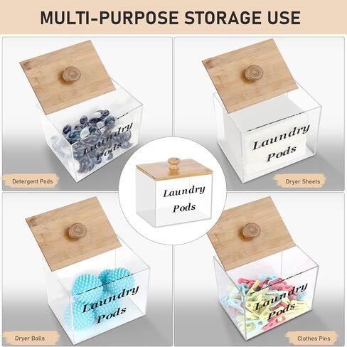 حاوية حفظ الغسيل الاكريليك مع غطاء من الخيزران، حامل كبسولات الغسيل الشفاف لغرفة الغسيل، حاويات تخزين ديكورية، مناسبة لاغطية المجفف، حبوب الغسيل، منعم الاقمشة in Kuwait