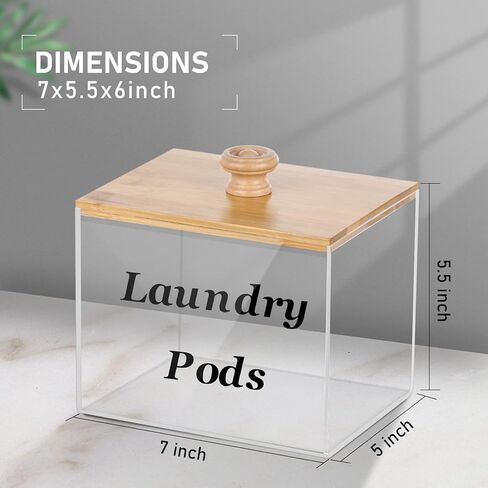 حاوية حفظ الغسيل الاكريليك مع غطاء من الخيزران، حامل كبسولات الغسيل الشفاف لغرفة الغسيل، حاويات تخزين ديكورية، مناسبة لاغطية المجفف، حبوب الغسيل، منعم الاقمشة in Kuwait