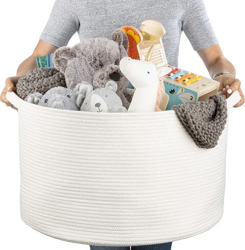 XXL Cotton Rope Basket (22"x14"), Off-White, 100% Cotton, Extra Large Woven Storage Basket, Blanket Basket Living Room, Toy Storage Basket, Pillow Basket, Laundry Basket, Round Basket, Baby Hamper in Saudi Arabia