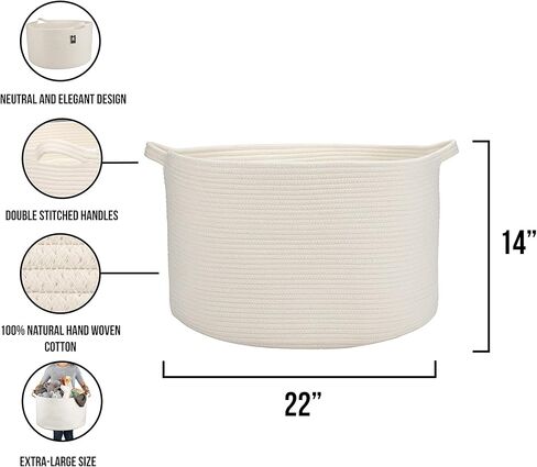 XXL Cotton Rope Basket (22"x14"), Off-White, 100% Cotton, Extra Large Woven Storage Basket, Blanket Basket Living Room, Toy Storage Basket, Pillow Basket, Laundry Basket, Round Basket, Baby Hamper in Saudi Arabia