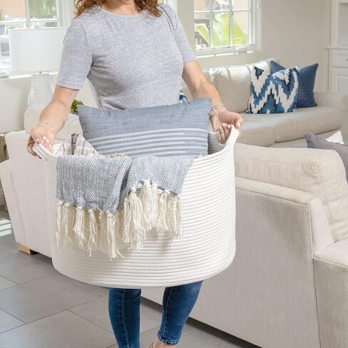 XXL Cotton Rope Basket (22"x14"), Off-White, 100% Cotton, Extra Large Woven Storage Basket, Blanket Basket Living Room, Toy Storage Basket, Pillow Basket, Laundry Basket, Round Basket, Baby Hamper in Saudi Arabia