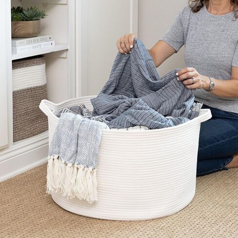 XXL Cotton Rope Basket (22"x14"), Off-White, 100% Cotton, Extra Large Woven Storage Basket, Blanket Basket Living Room, Toy Storage Basket, Pillow Basket, Laundry Basket, Round Basket, Baby Hamper in Saudi Arabia