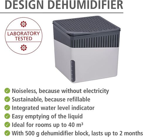 WENKO Portable Dehumidifier Cube Design, Compact and Rechargeable Dehumidifier for Bathroom, Closet, Bedroom, Garage, Covers up to 2800 Cubic Feet, 2.2lbs, Gray, 6.18 x 6.5 x 6.5 in Saudi Arabia