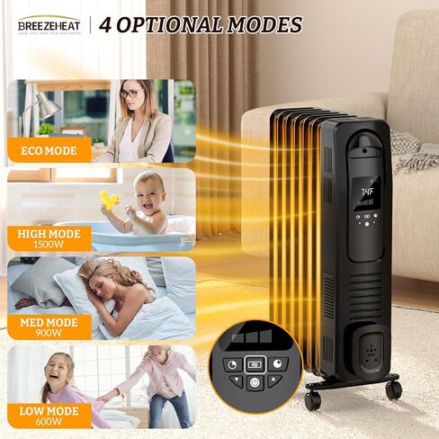 سخان كهربائي مملوء بالزيت بقدرة 1500 واط من BREEZEHEAT مع منظم حرارة قابل للتعديل، 4 أوضاع، حماية من الحرارة الزائدة والحرارة الزائدة، شاشة رقمية، سخانات محمولة للاستخدام المكتبي/الداخلي in Kuwait