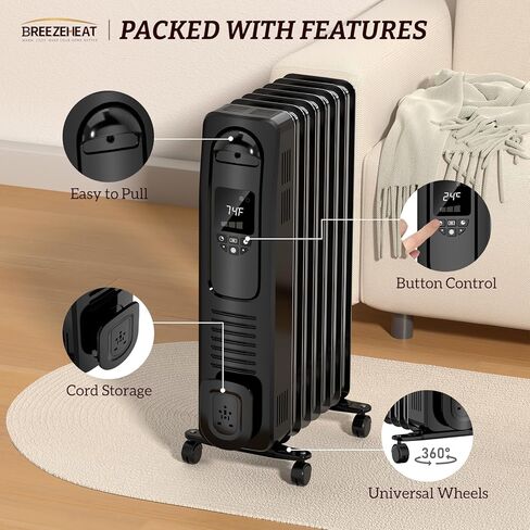 سخان كهربائي مملوء بالزيت بقدرة 1500 واط من BREEZEHEAT مع منظم حرارة قابل للتعديل، 4 أوضاع، حماية من الحرارة الزائدة والحرارة الزائدة، شاشة رقمية، سخانات محمولة للاستخدام المكتبي/الداخلي in Kuwait