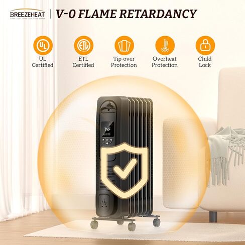 سخان كهربائي مملوء بالزيت بقدرة 1500 واط من BREEZEHEAT مع منظم حرارة قابل للتعديل، 4 أوضاع، حماية من الحرارة الزائدة والحرارة الزائدة، شاشة رقمية، سخانات محمولة للاستخدام المكتبي/الداخلي in Kuwait