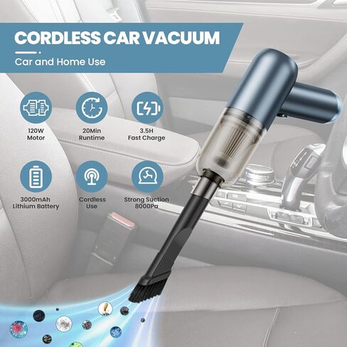 مكنسة كهربائية محمولة من LEMOISTAR، مكنسة كهربائية صغيرة للسيارة بدون سلك بقوة شفط 6000 باسكال، بطارية قابلة لإعادة الشحن، مكنسة يدوية خفيفة الوزن للمنزل والسيارة/المكتب - أسود in Kuwait