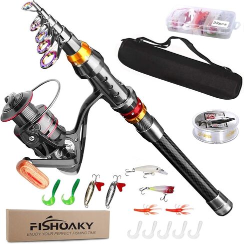 FishOaky Fishing Rod kit, Carbon Fiber Telescopic Fishing Pole and Reel Combo with Line Lures Tackle Hooks Reel Carrier Bag for Adults Travel Saltwater Freshwater in Saudi Arabia