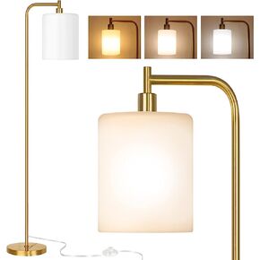 QiMH Floor Lamps for Living Room, Modern LED Standing Reading Light for Bedroom with Glass Shade, Tall Gold Industrial 3 Colors Adjustment Pole Lamp with Foot Control for Home Office Corner Decor
