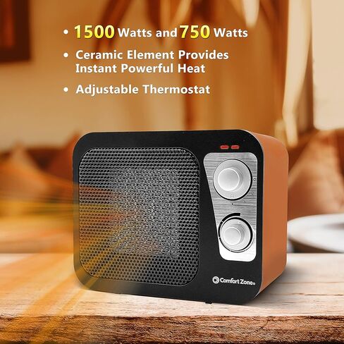 Comfort Zone Electric Retro Design Ceramic Space Heater, Adjustable Thermostat, 2 Heat Settings, Overheat Protection, Safety Tip-Over Switch, Portable for Home, Bedroom & Office Use, 1,500W, CZ470BKB in Kuwait