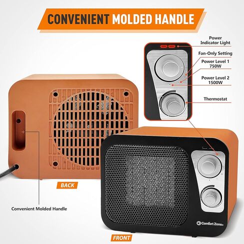 Comfort Zone Electric Retro Design Ceramic Space Heater, Adjustable Thermostat, 2 Heat Settings, Overheat Protection, Safety Tip-Over Switch, Portable for Home, Bedroom & Office Use, 1,500W, CZ470BKB in Kuwait