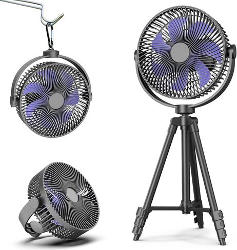 كوني مروحة قائمة 10000mAh محمولة قابلة لاعادة الشحن 8 انش تعمل بالبطارية مع خطاف خيمة ووقت عمل 37 ساعة وحامل ثلاثي القوائم قابل للتعديل بـ4 سرعات لغرفة النوم والسفر والصيد والشاطئ والتخييم in Kuwait