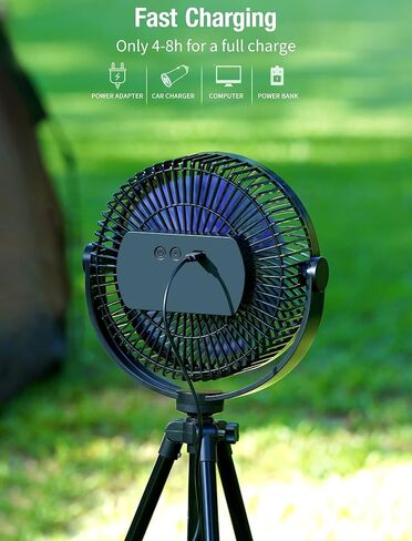 كوني مروحة قائمة 10000mAh محمولة قابلة لاعادة الشحن 8 انش تعمل بالبطارية مع خطاف خيمة ووقت عمل 37 ساعة وحامل ثلاثي القوائم قابل للتعديل بـ4 سرعات لغرفة النوم والسفر والصيد والشاطئ والتخييم in Kuwait