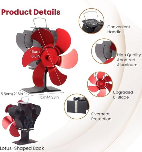 مروحة موقد خشبي تعمل بالطاقة الحرارية من Avoeco، مروحة مدفأة لموقد حرق الخشب، شفرة حمراء، دوران الهواء الدافئ، مروحة منشطة بالحرارة لحرق الخشب/الغاز/الحبيبات/موقد السجل/المدفأة، ملحقات موقد الخشب in Kuwait