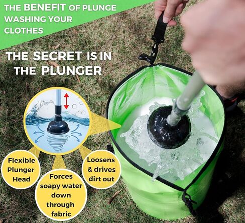 One Hand Wash Bag and Plunger Set - Off Grid Washing Machine Non Electric for Camping Travel | Eco Friendly Portable Manual Clothes in Kuwait