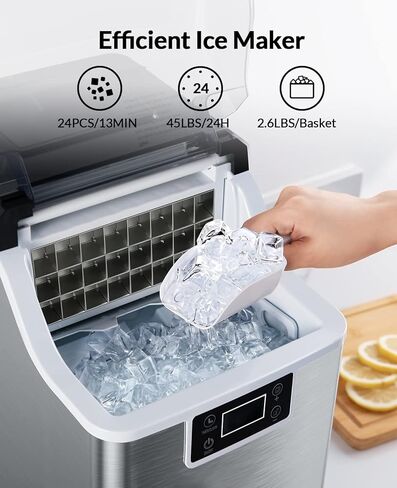 Silonn Ice Makers Countertop - 24Pcs Ice Cubes in 13 Min, 45lbs Per Day, 2 Ways to Add Water, Auto Self-Cleaning, Stainless Steel Ice Machine for Home Office Bar Party in Kuwait