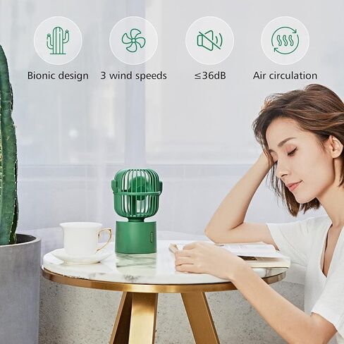 Bilibala Cute Cactus USB Fan, Small Quiet Desk Fan, 80° Rotation Oscillating Fan, 3 Speeds Strong Airflow, Portable Fan for Bedroom, Office, Home, Personal Fan for Desktop Decor, Green Mini Table Fan in Saudi Arabia