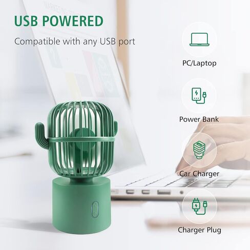 Bilibala Cute Cactus USB Fan, Small Quiet Desk Fan, 80° Rotation Oscillating Fan, 3 Speeds Strong Airflow, Portable Fan for Bedroom, Office, Home, Personal Fan for Desktop Decor, Green Mini Table Fan in Saudi Arabia