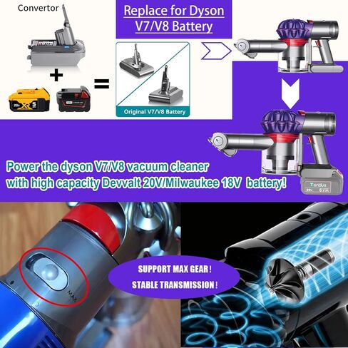 محول بطارية TenHutt Dysn V7/V8، تحويل لبطارية ليثيوم Devvolt 20V/Milwaukee 18V للمكنسة الكهربائية Dysn V7+V8، استبدال بطارية المكانس الكهربائية المحمولة Dysn V7 V8 Animal in Kuwait