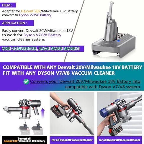 محول بطارية TenHutt Dysn V7/V8، تحويل لبطارية ليثيوم Devvolt 20V/Milwaukee 18V للمكنسة الكهربائية Dysn V7+V8، استبدال بطارية المكانس الكهربائية المحمولة Dysn V7 V8 Animal in Kuwait