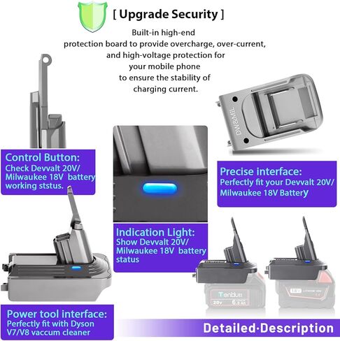 محول بطارية TenHutt Dysn V7/V8، تحويل لبطارية ليثيوم Devvolt 20V/Milwaukee 18V للمكنسة الكهربائية Dysn V7+V8، استبدال بطارية المكانس الكهربائية المحمولة Dysn V7 V8 Animal in Kuwait