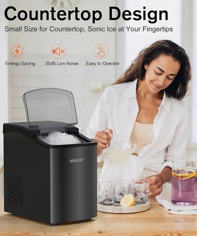 AINUOO Ice Maker, Self-Cleaning Ice Machine with Ice Scoop and Basket, 40 Lbs in 24 Hours, Chewable Pebble Ice Ready in 10 Mins, Portable Nugget Ice Maker Countertop for Home Kitchen Bar Office Party in Saudi Arabia