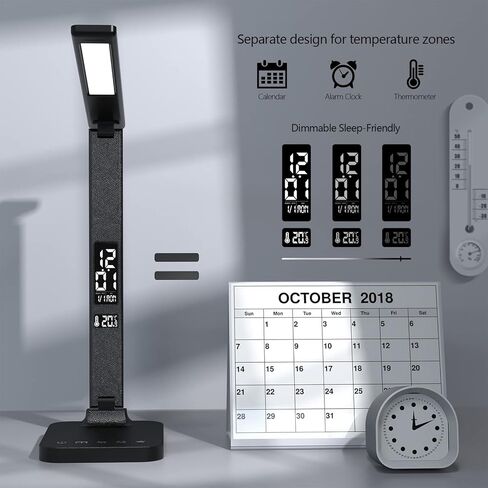 White LED Desk Lamp for Study Home Office with 10W Charger & USB Port,LCD Display with Calendar Date Temperature Zoning Display, Extra Night Light Functio in Saudi Arabia