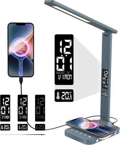 White LED Desk Lamp for Study Home Office with 10W Charger & USB Port,LCD Display with Calendar Date Temperature Zoning Display, Extra Night Light Functio in Saudi Arabia