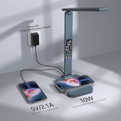 White LED Desk Lamp for Study Home Office with 10W Charger & USB Port,LCD Display with Calendar Date Temperature Zoning Display, Extra Night Light Functio in Saudi Arabia