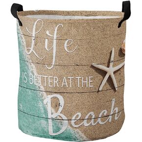 Laundry Basket Summer Coastal Starfish Teal Sea,Waterproof Collapsible Clothes Hamper Life is Better at Beach Seashells Farm Wood Planks,Large Storage Bag for Bedroom Bathroom 13.8x17In