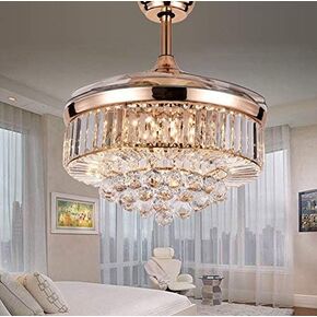 RuiWing 42'' Modern Fandelier Crystal Ceiling Fan with LED Light and Remote Control 3 Light Changes 3 Speeds Noise-Free Chandelier Ceiling Fan for Bedroom Indoor Living Room