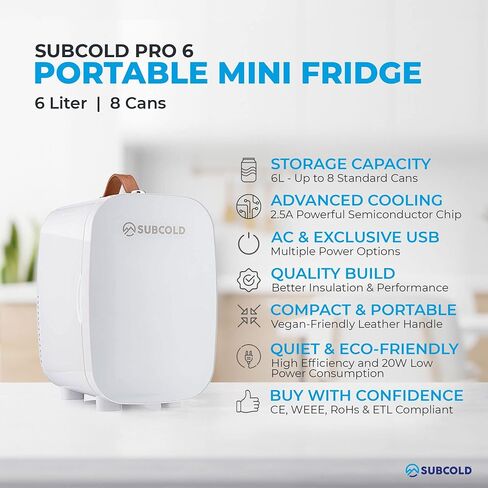 ثلاجة صغيرة فاخرة من Subcold Pro6 سعة 6 لتر / 8 علب تيار متردد وخيار طاقة USB حصري، ثلاجة صغيرة محمولة للمكتب وغرفة النوم والسيارة والعناية بالبشرة ومستحضرات التجميل باللون الأبيض in Saudi Arabia