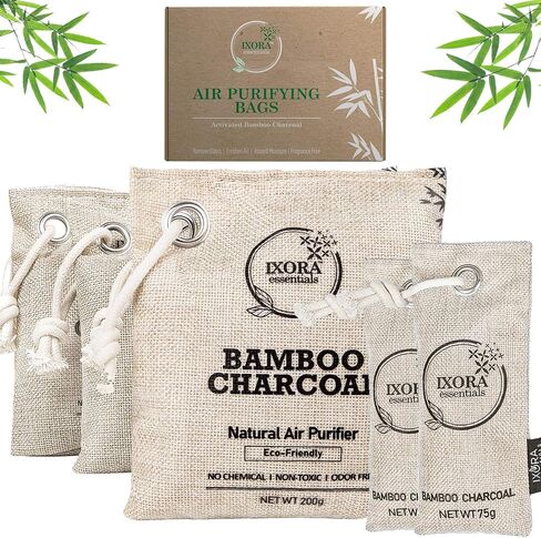Ixora Essentials Bamboo Charcoal Air Purifying Bag, Charcoal Bags Odor Absorber for Home with Activated Bamboo Charcoal. 5 Pack (3 x 200g and 2 x 75g) of Charcoal Odor Absorber, Car Odor Eliminator, Pet Friendly in Saudi Arabia
